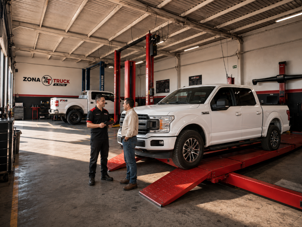 Técnico de Zona Truck atendiendo una camioneta en la rampa de alineación del taller automotriz