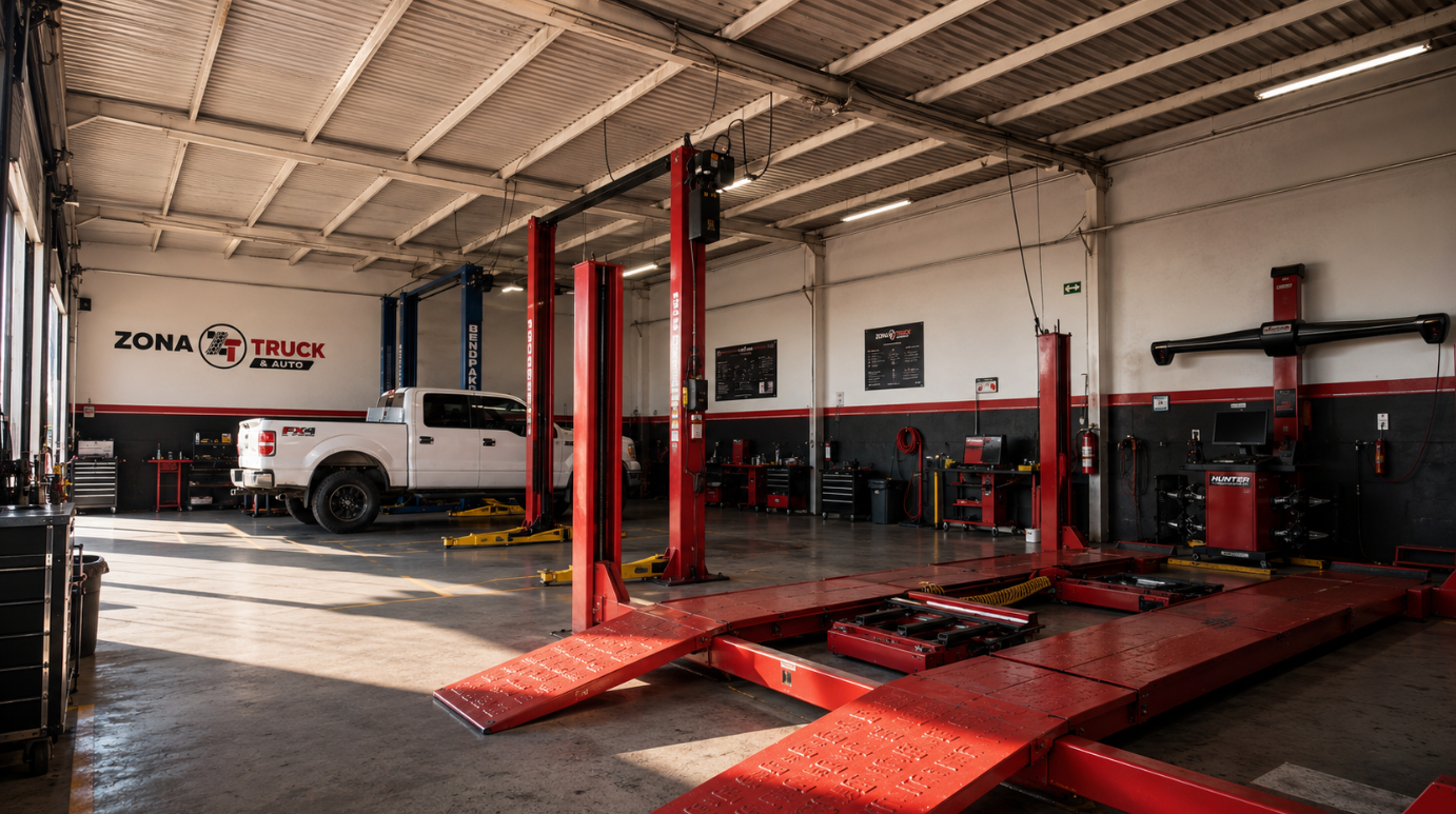 Taller de servicio Zona Truck con rampas de alineación y elevadores